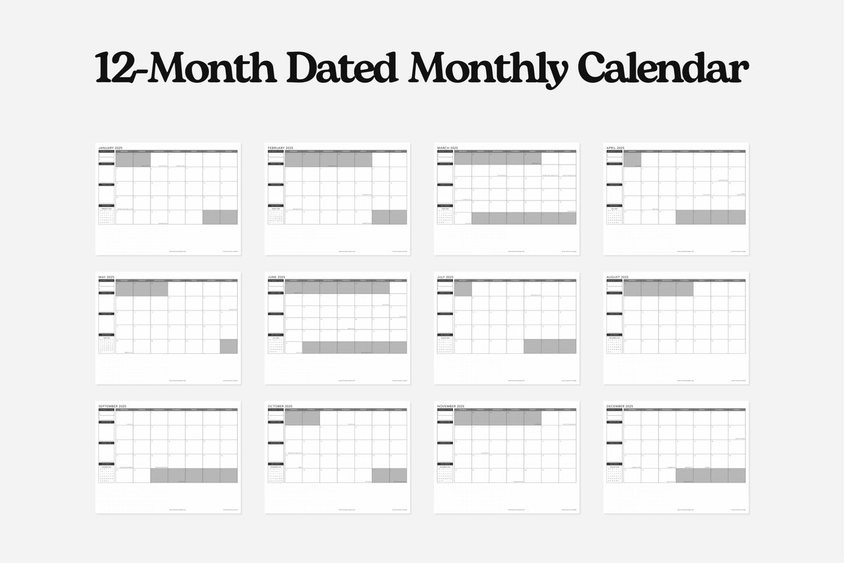 12-month dated monthly calendar layout on a white background