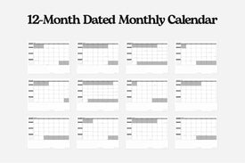 12-month dated monthly calendar layout on a white background