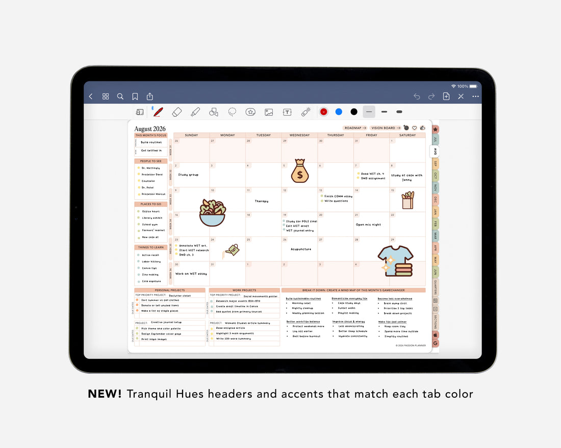 Digital calendar hyperlinked pdf on a tablet with matching color tabs.