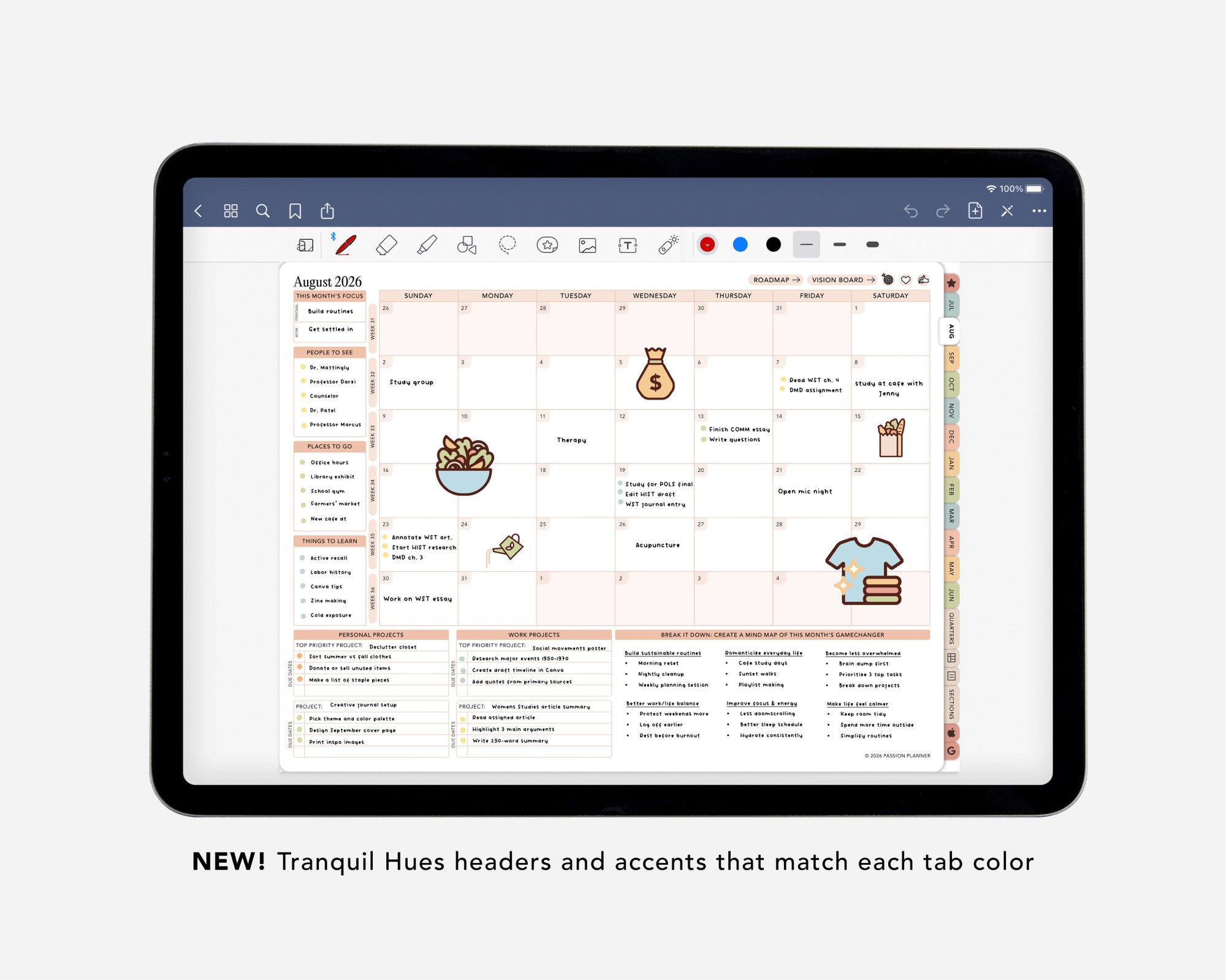 Digital calendar hyperlinked pdf on a tablet with matching color tabs.