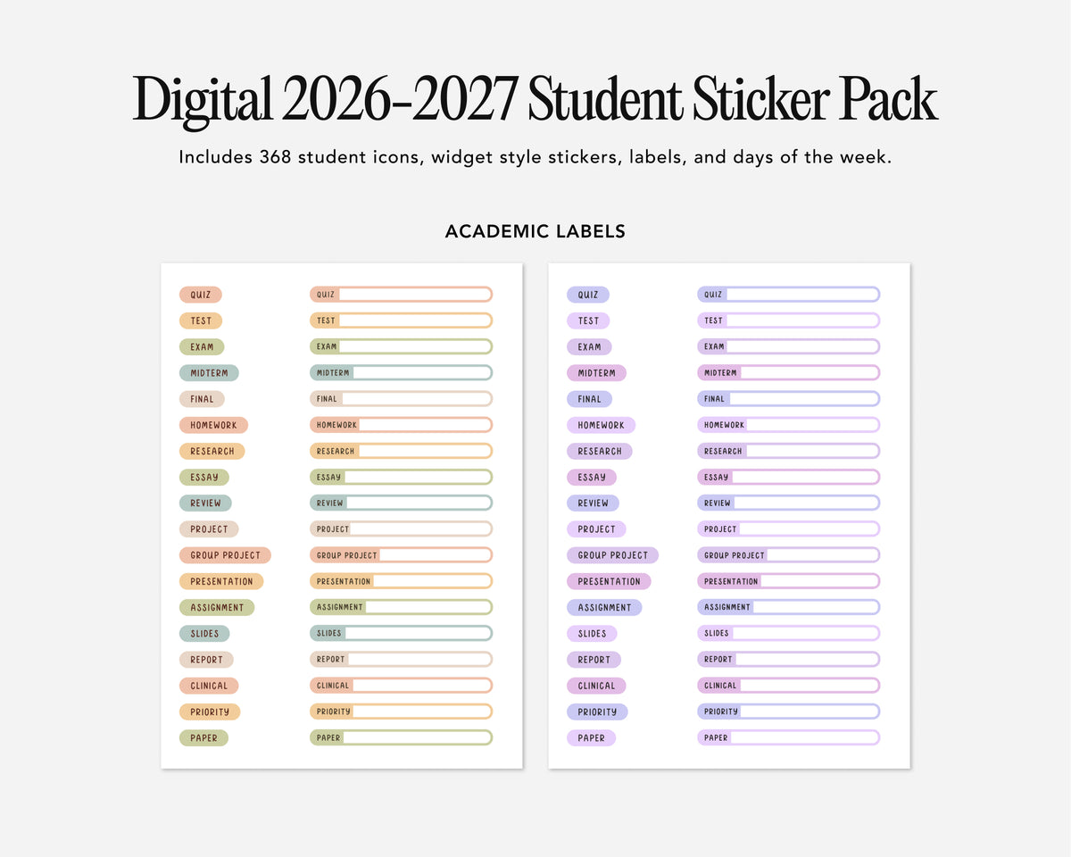 Digital 2026-2027 Student Sticker Pack with academic labels on a white background
