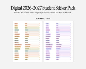 Digital 2026-2027 Student Sticker Pack with academic labels on a white background