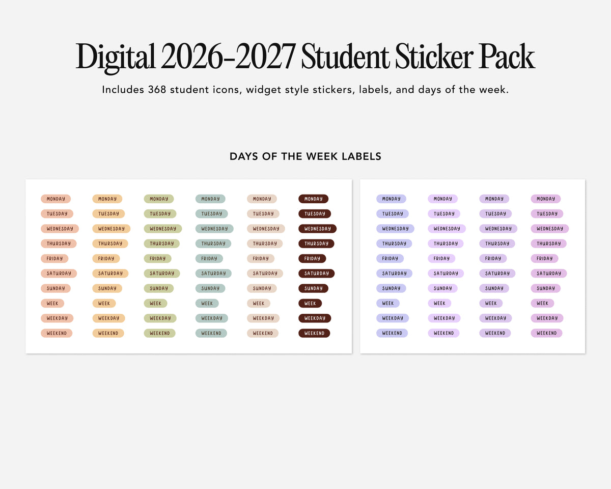 Digital 2026-2027 Student Sticker Pack with days of the week labels on a white background.