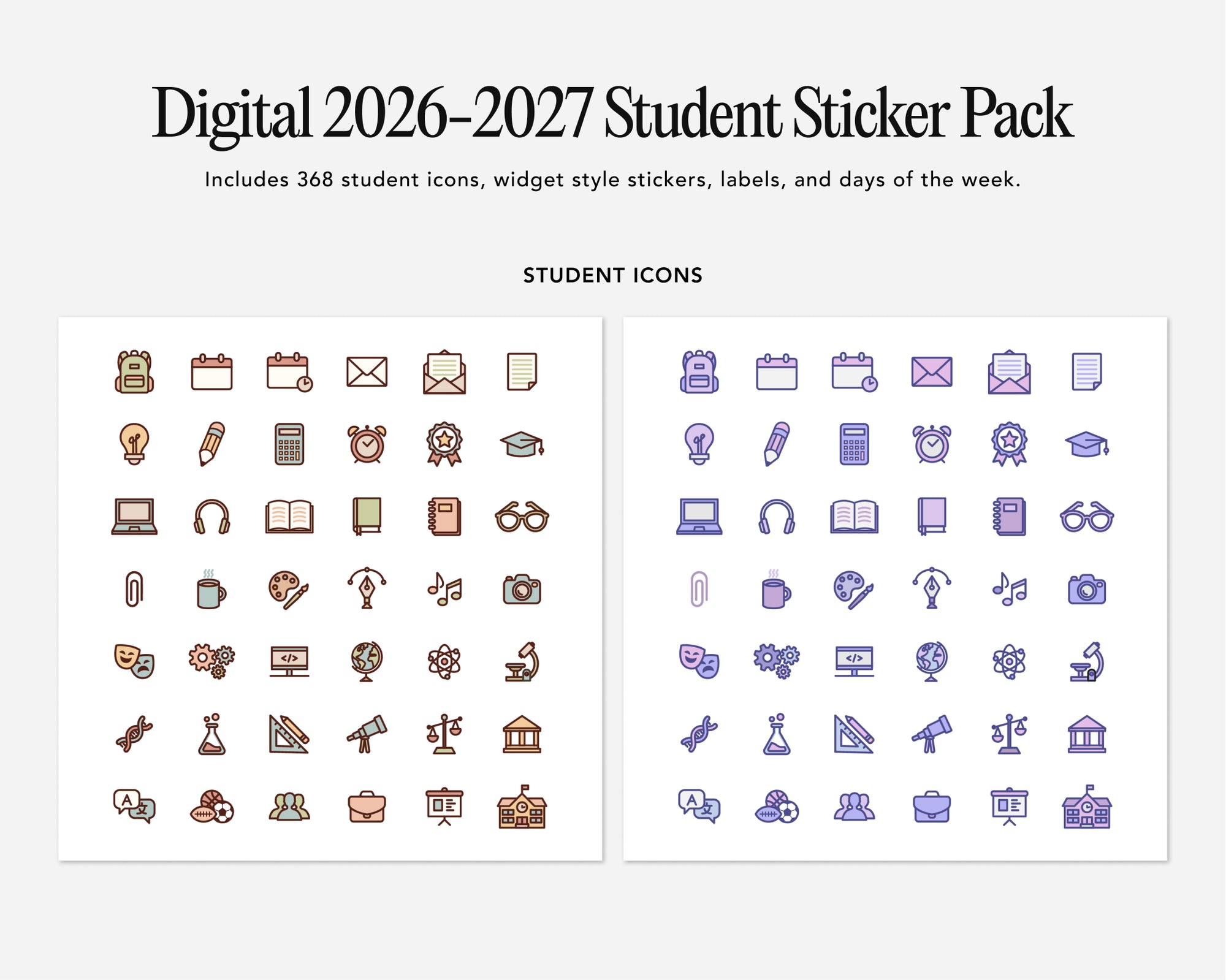Digital 2026-2027 Student Sticker Pack with student icons and labels on a white background.