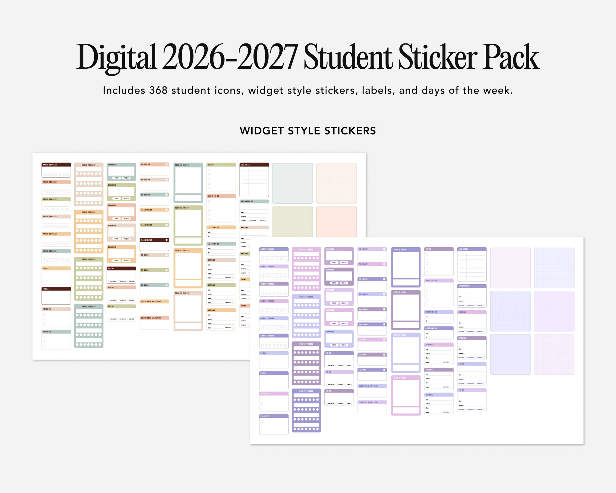 Digital 2026-2027 Student Sticker Pack with various widget style stickers on a white background.