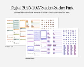 Digital 2026-2027 Student Sticker Pack with various icons and labels on a white background.