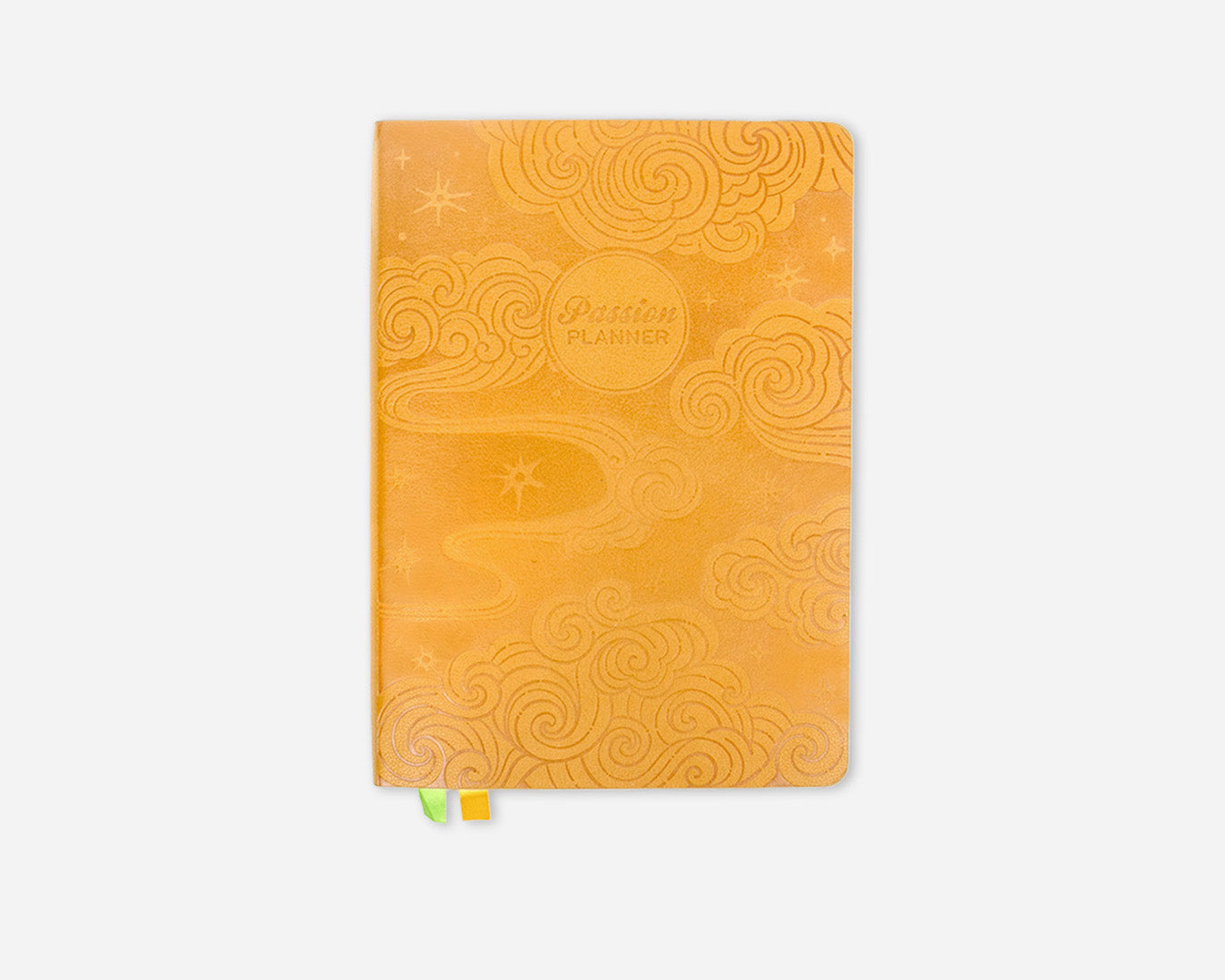 Yellow planner with embossed air like designs on a white background