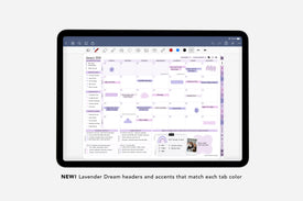 Tablet displaying a digital planner with lavender dream headers and accents.