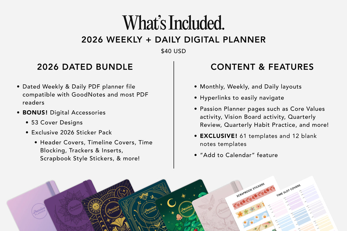 2026 Weekly + Daily Digital Planner with cover images and features listed.