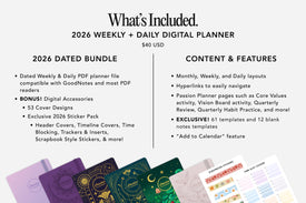 2026 Weekly + Daily Digital Planner with cover images and features listed.