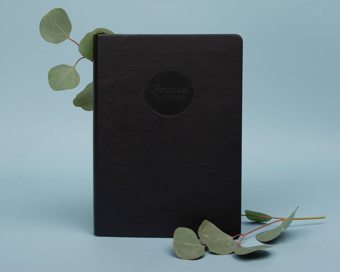 Black notebook with a Passion Planner logo on a light blue background with green leaves.