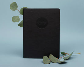 Black notebook with a Passion Planner logo on a light blue background with green leaves.