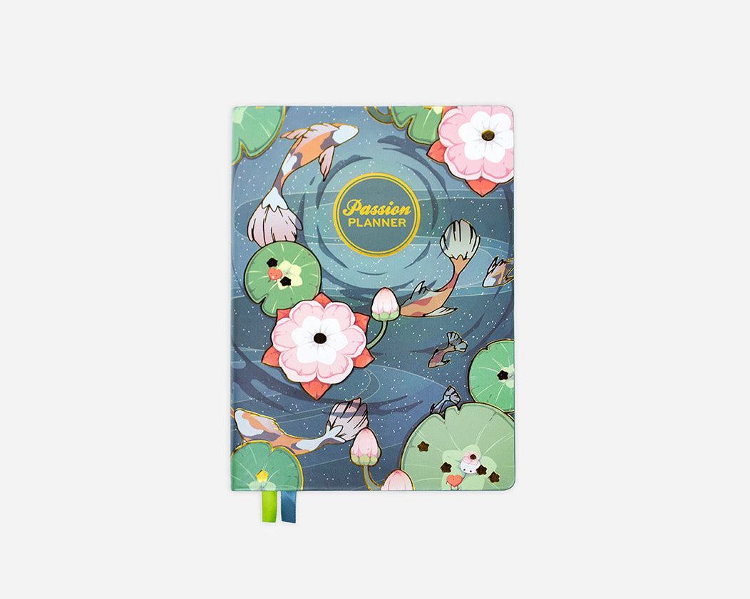 2026-2027 planner with a koi pond design on a blue background with gold foiling