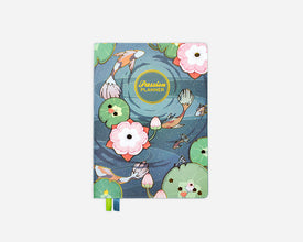 2026-2027 planner with a koi pond design on a blue background with gold foiling