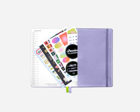 Purple planner back pocket with free stickers on a white background