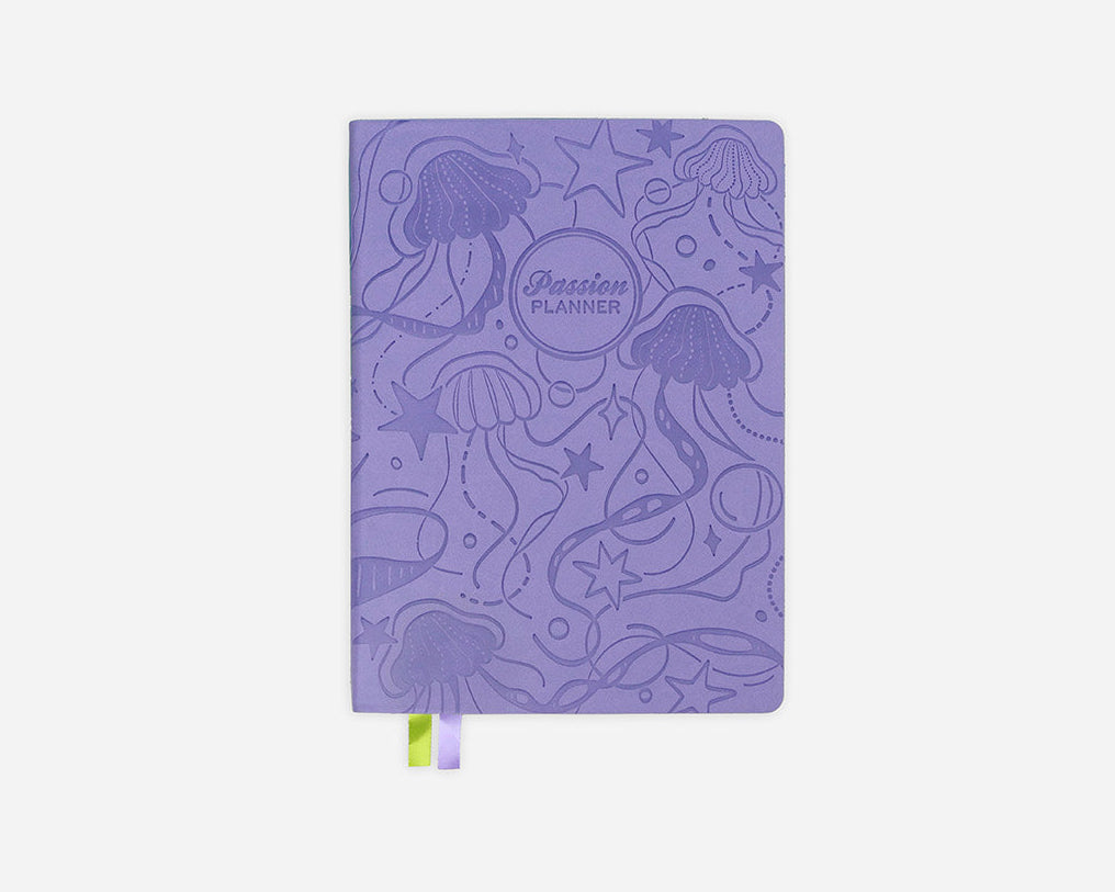 Purple weekly planner with jellyfish design on a white background
