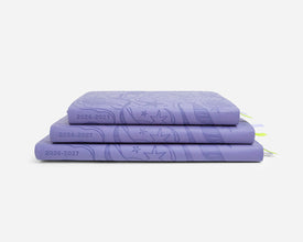 Three periwinkle planners with 2026-2027 on the spines stacked on a white background