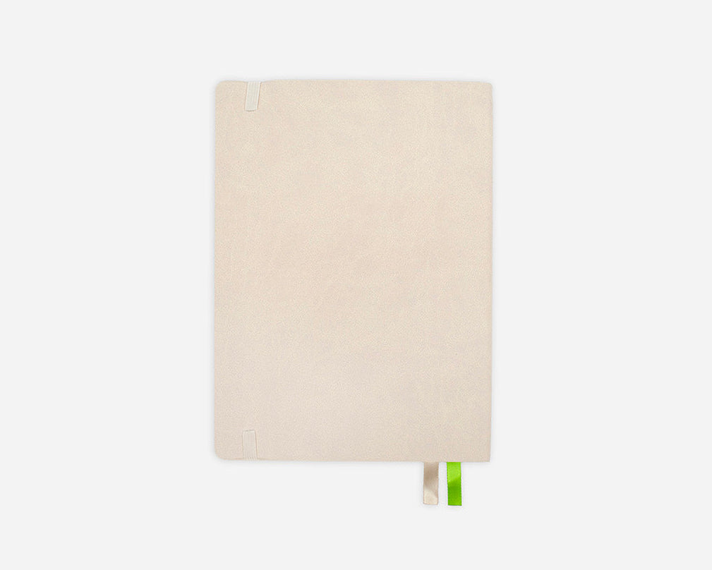 Cream colored mid-ear planner with a green ribbon on a white background.