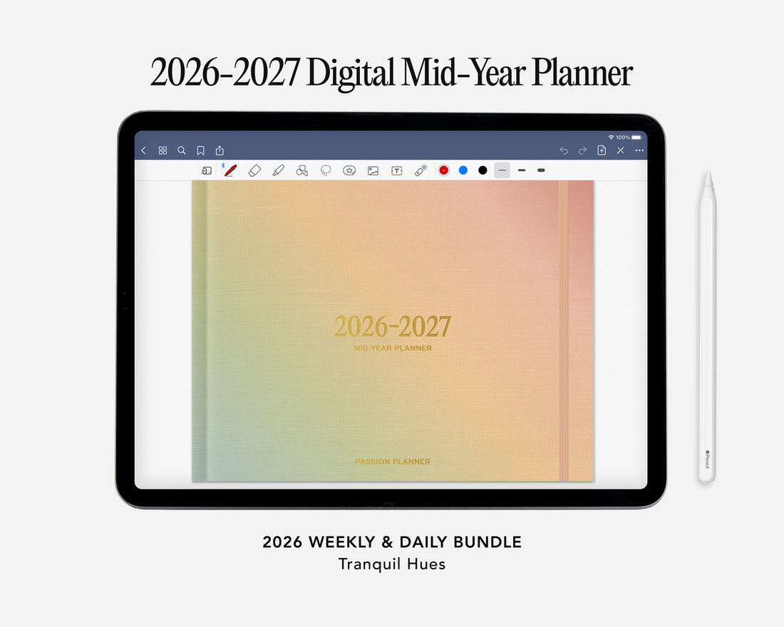 Digital planner for 2026-2027 with a tablet displaying the planner cover on a white background.