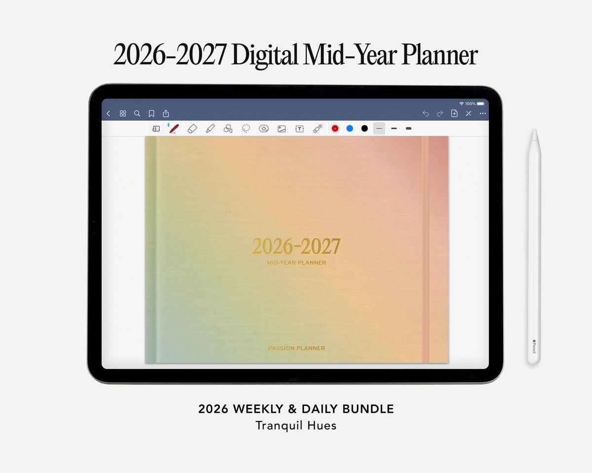 Digital planner for 2026-2027 with a tablet displaying the planner cover on a white background.