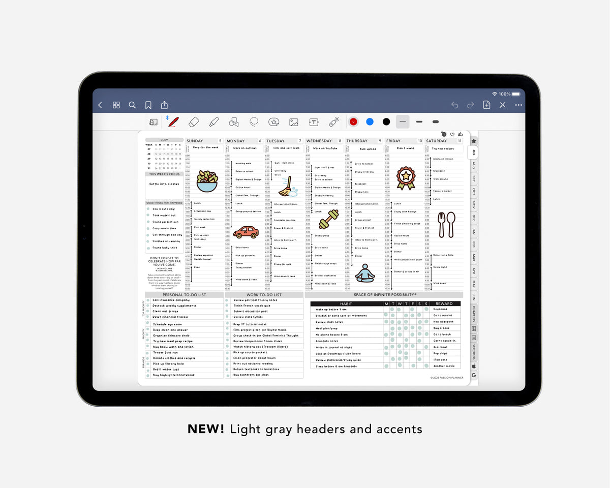 Digital mid-year planner shown on a tablet screen with light gray headers and accents.