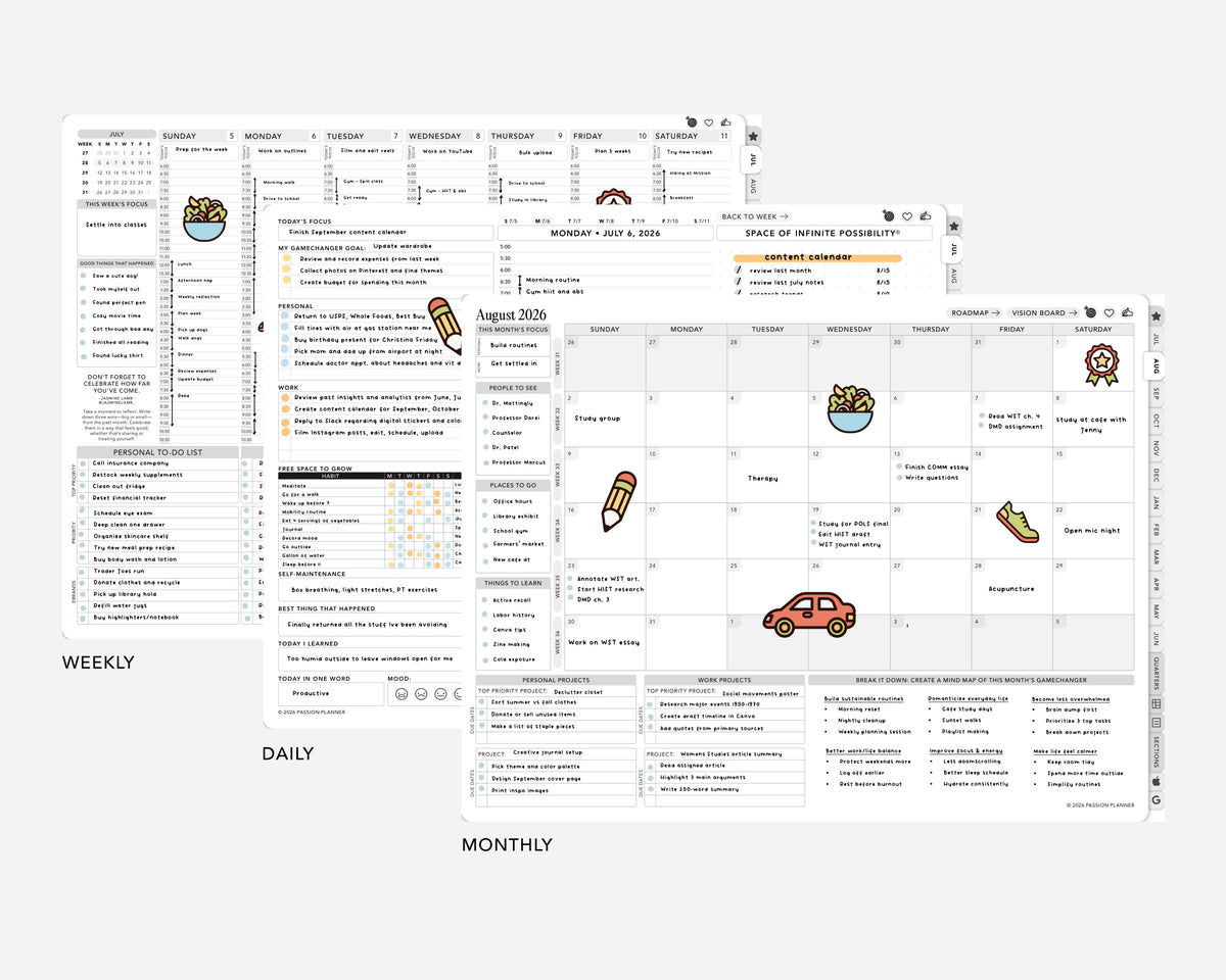 Digital calendar layouts with daily, weekly, and monthly views on a white background