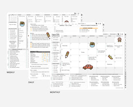 Digital calendar layouts with daily, weekly, and monthly views on a white background