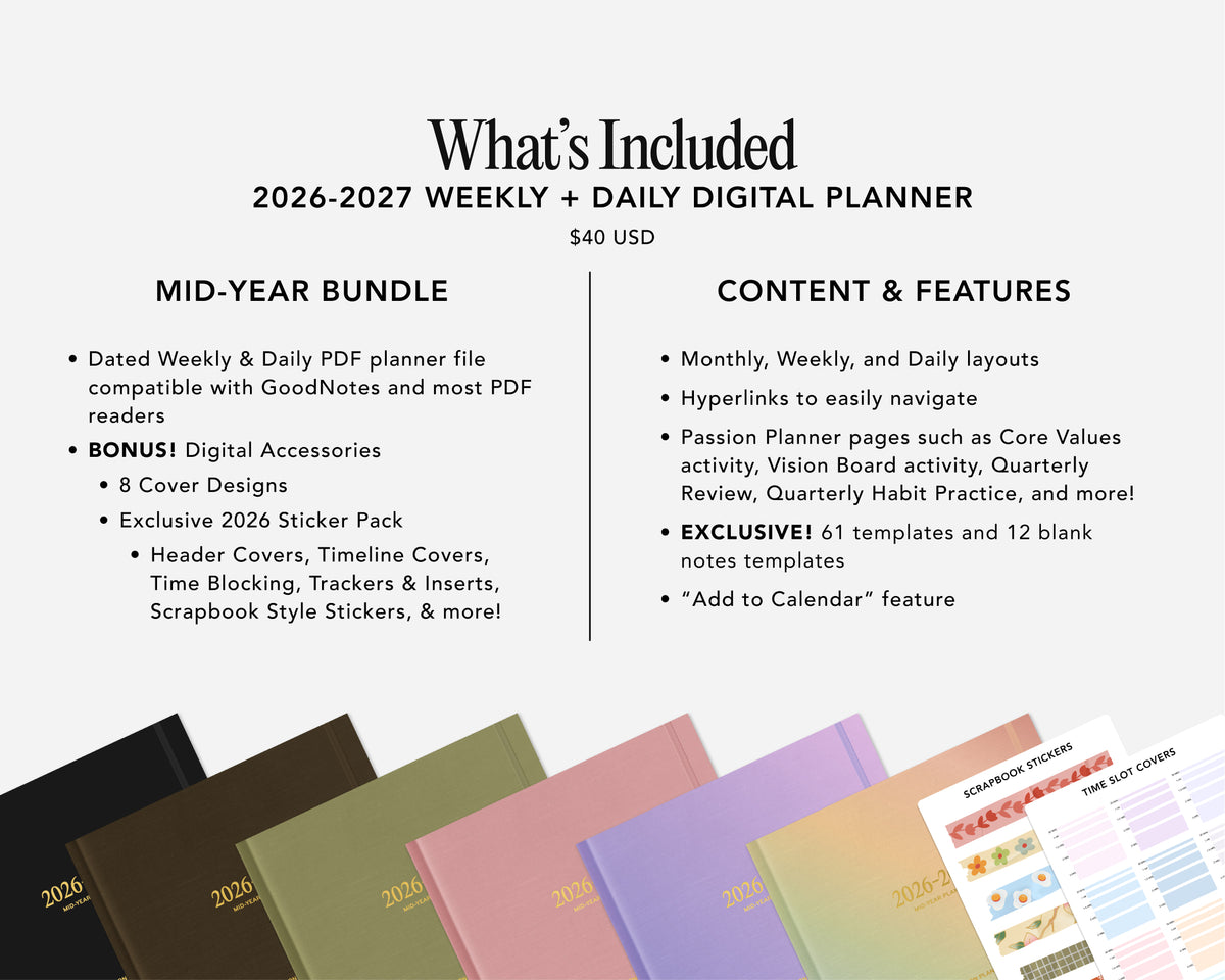 2026-2027 weekly + daily digital planner with features and bundle details on a white background.