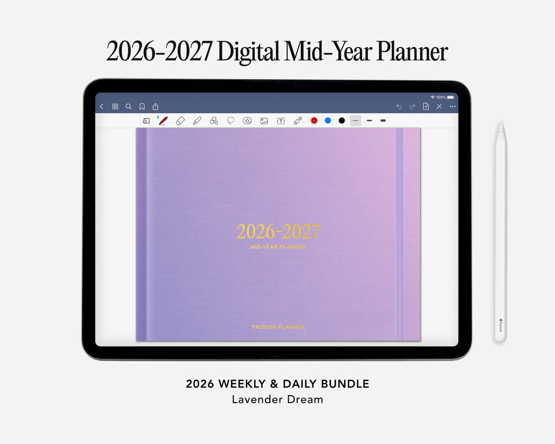 Digital planner interface with a lavender cover on a tablet screen, labeled &