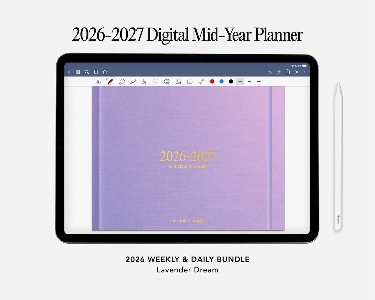 Digital planner interface with a lavender cover on a tablet screen, labeled '2026-2027 Digital Mid-Year Planner'.
