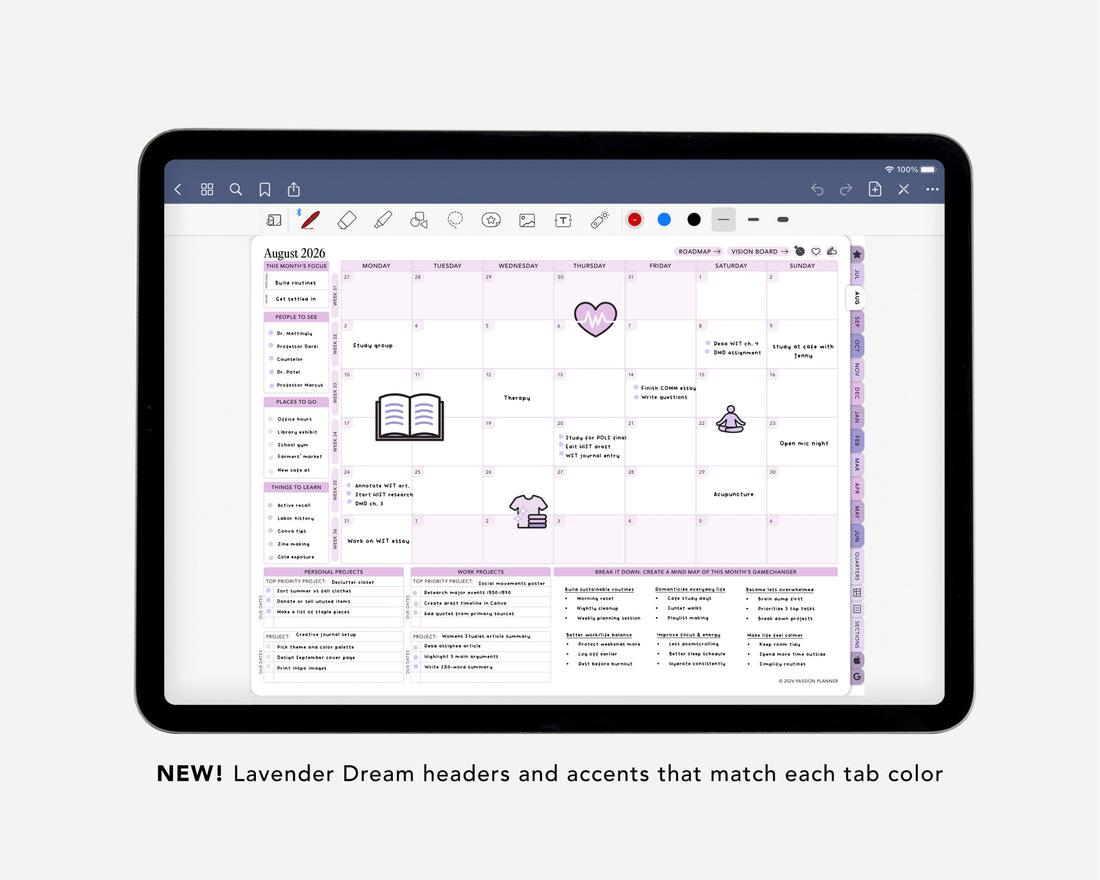 Digital planner app on a tablet with lavender theme