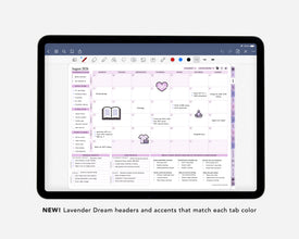 Digital planner app on a tablet with lavender theme