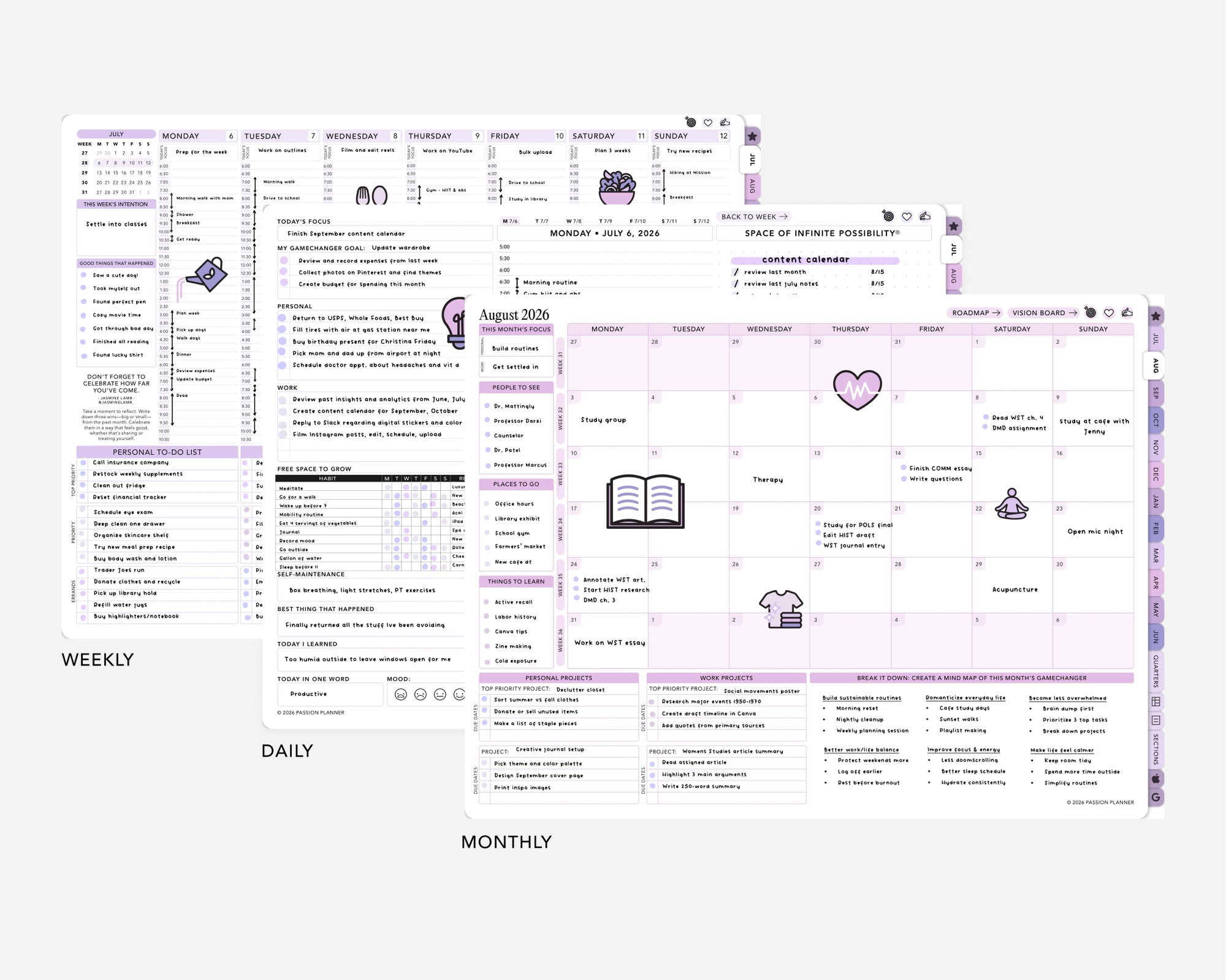 Detailed weekly, daily, and monthly digital planner layout with various sections and icons.