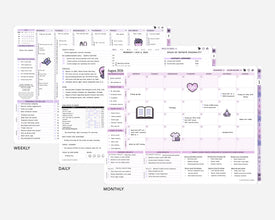 Detailed weekly, daily, and monthly digital planner layout with various sections and icons.