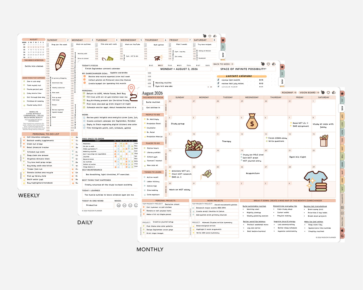 Digital calendar layouts with daily, weekly, and monthly scheduling on a white background.