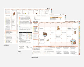Digital calendar layouts with daily, weekly, and monthly scheduling on a white background.