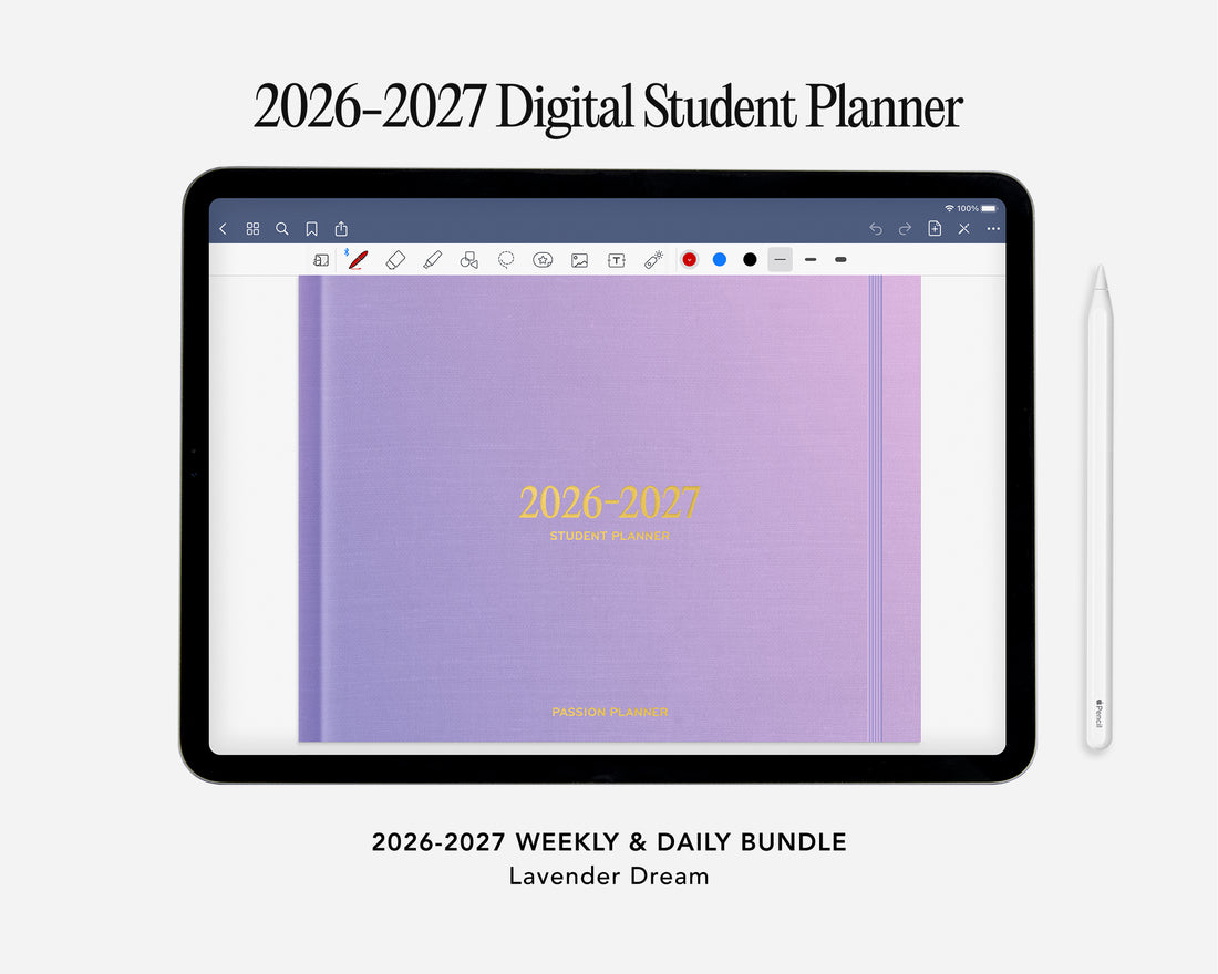 Digital student planner for 2026-2027 on a tablet screen with a lavender cover.