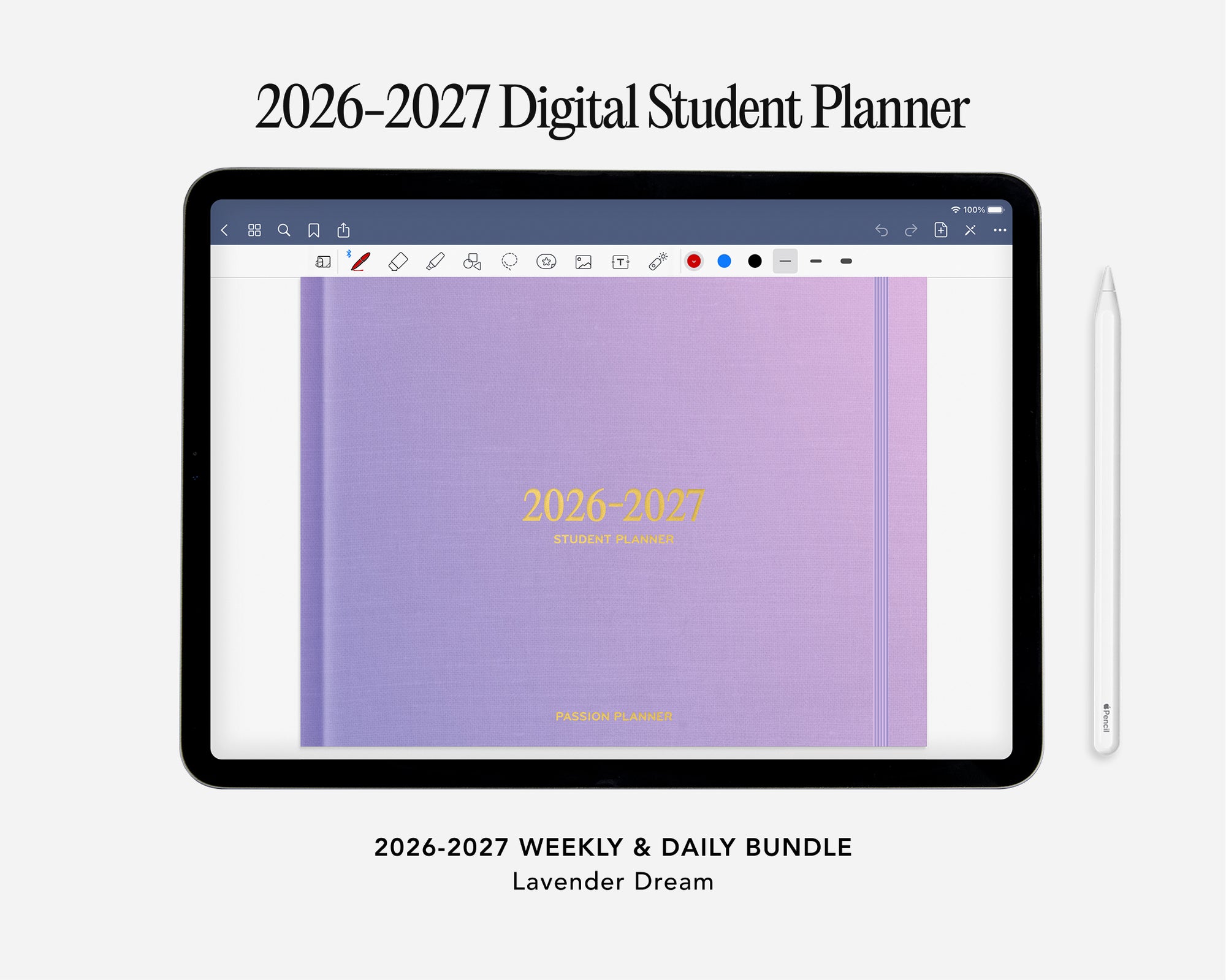 Digital student planner for 2026-2027 on a tablet screen with a lavender cover.
