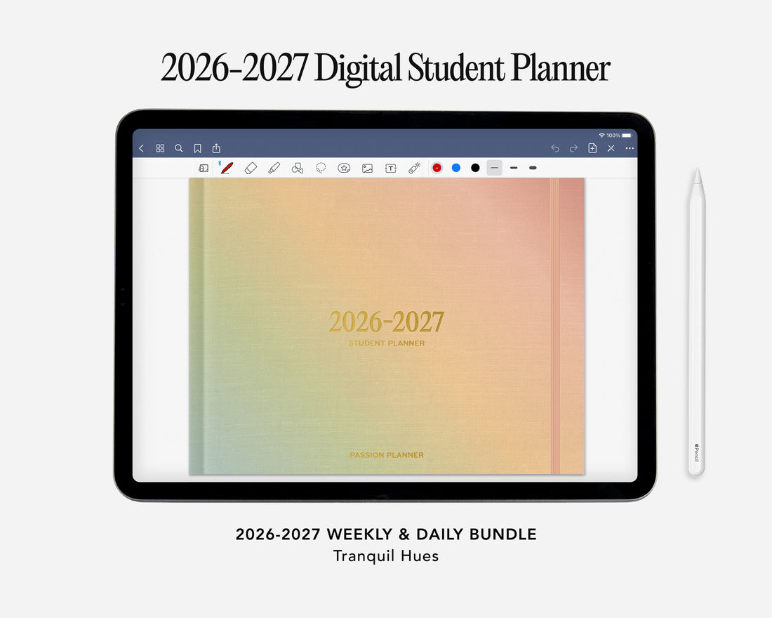 Digital student planner for 2026-2027 with a tablet displaying the planner cover.