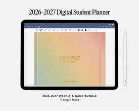 Digital student planner for 2026-2027 with a tablet displaying the planner cover.