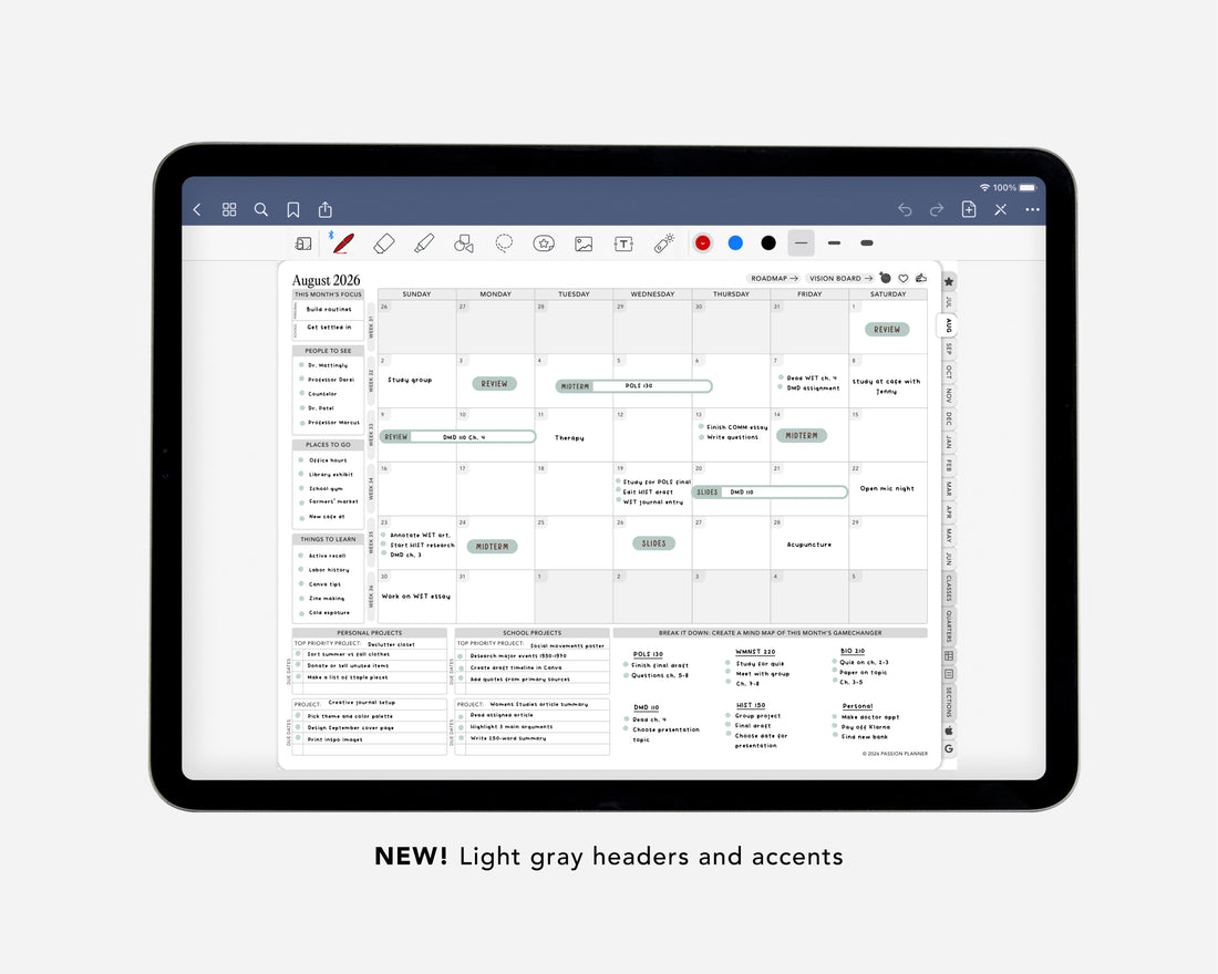 Digital calendar application on a tablet with light gray headers and accents