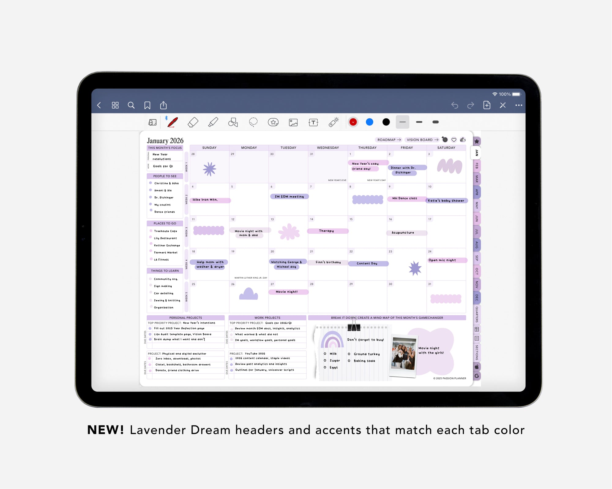 Tablet displaying a digital calendar with lavender dream headers and accents on a white background