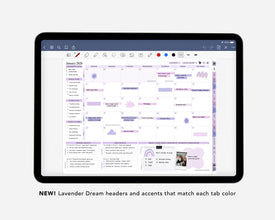 Tablet displaying a digital calendar with lavender dream headers and accents on a white background