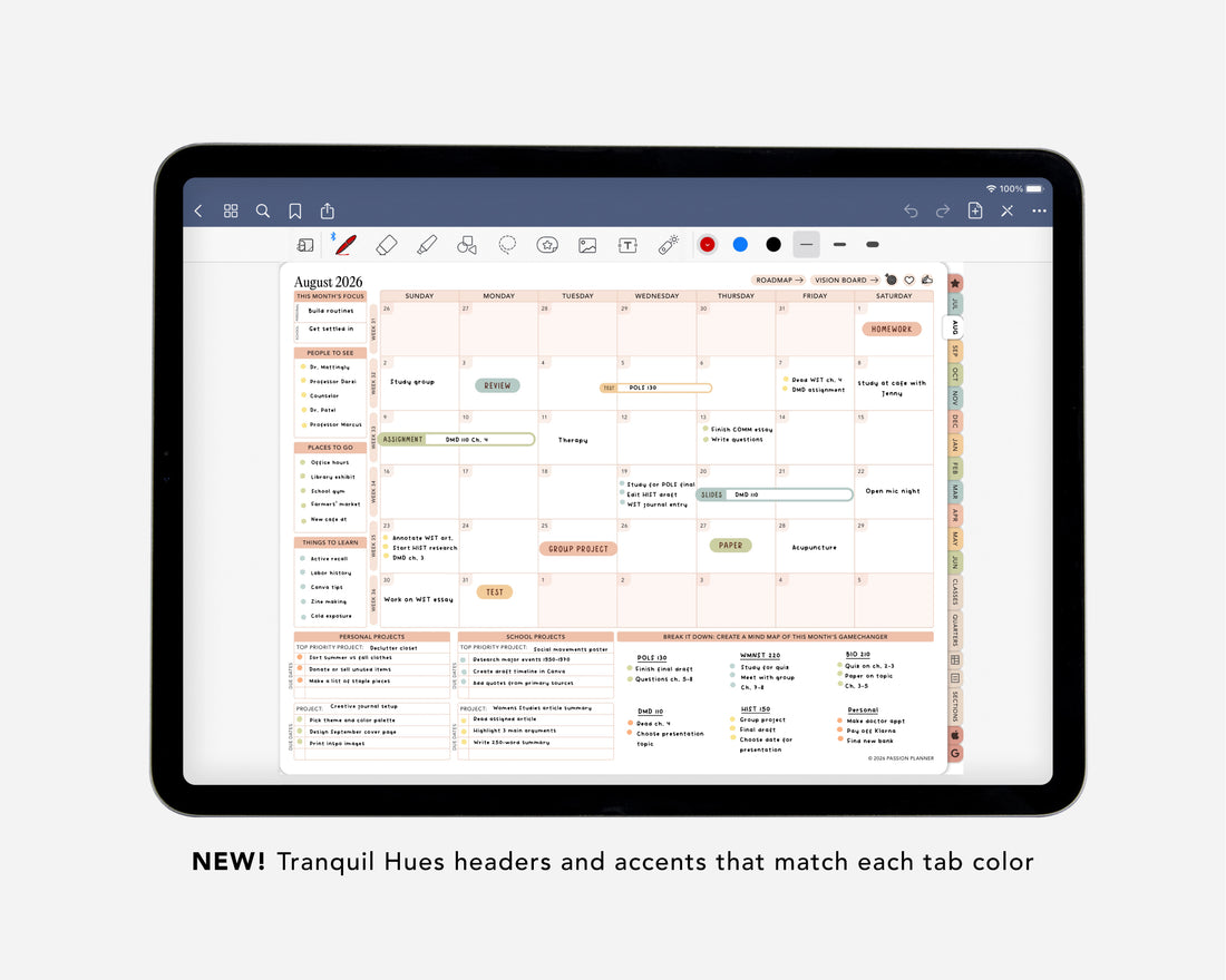 Digital calendar application on a tablet with Tranquil Hues color interface