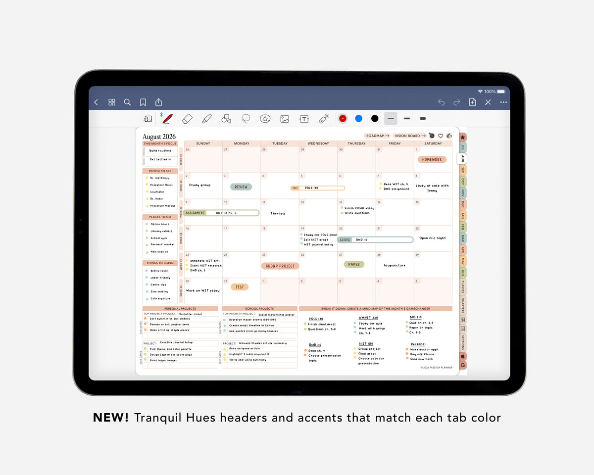 Digital calendar application on a tablet with Tranquil Hues color interface