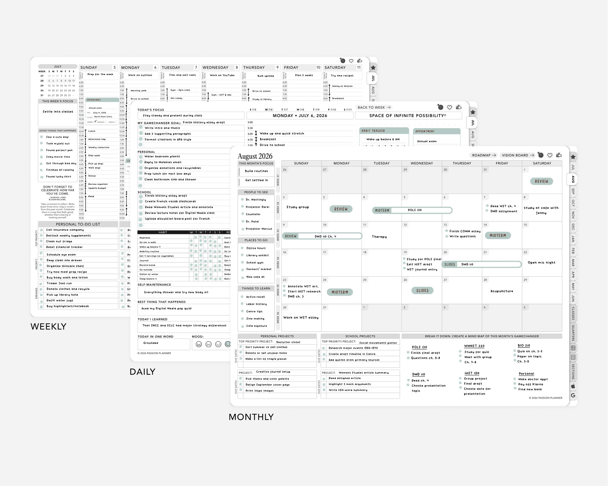 Digital calendar layout with weekly, daily, and monthly views on a white background