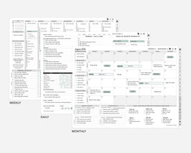 Digital calendar layout with weekly, daily, and monthly views on a white background