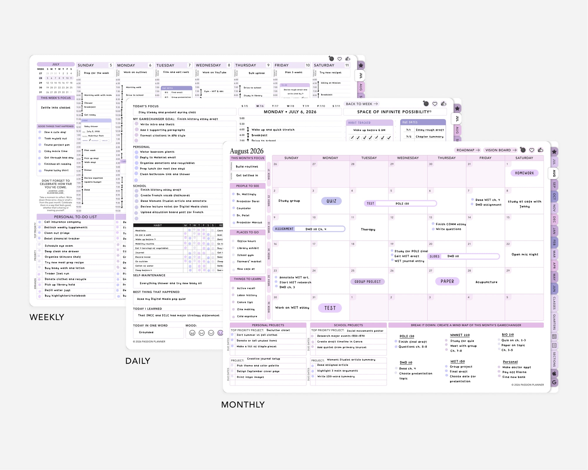 Multifunctional digital calendar with daily, weekly, and monthly views on a white background