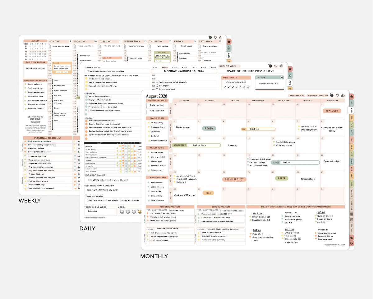 Multifunctional digital planner with daily, weekly, and monthly schedules on a white background