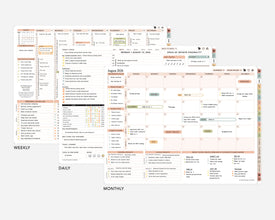 Multifunctional digital planner with daily, weekly, and monthly schedules on a white background